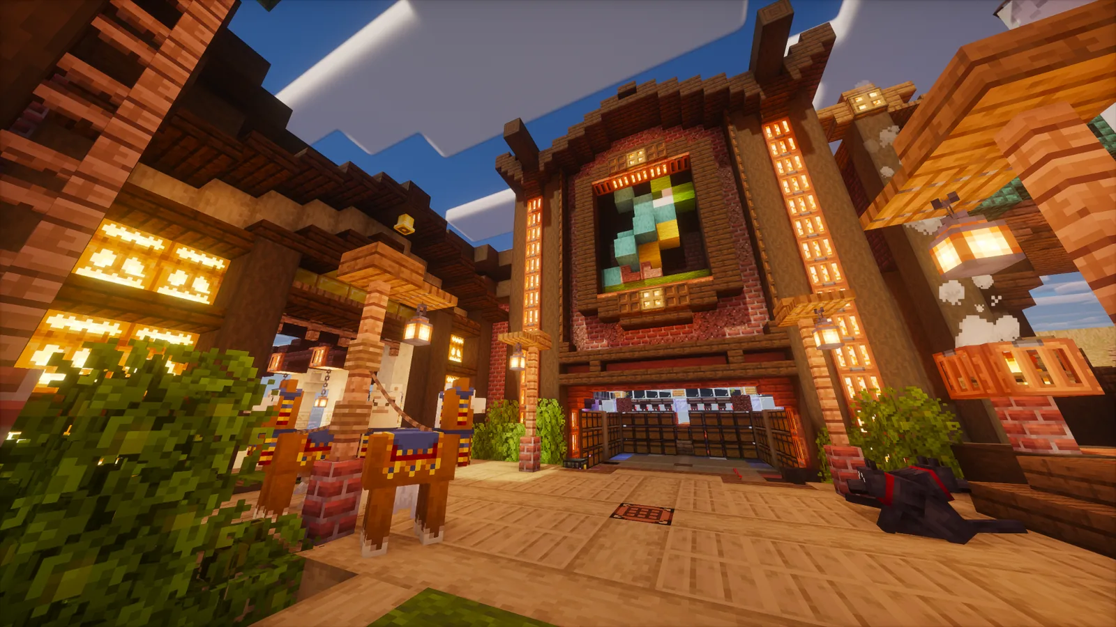 Detailed marketplace building and llamas on Manja SMP