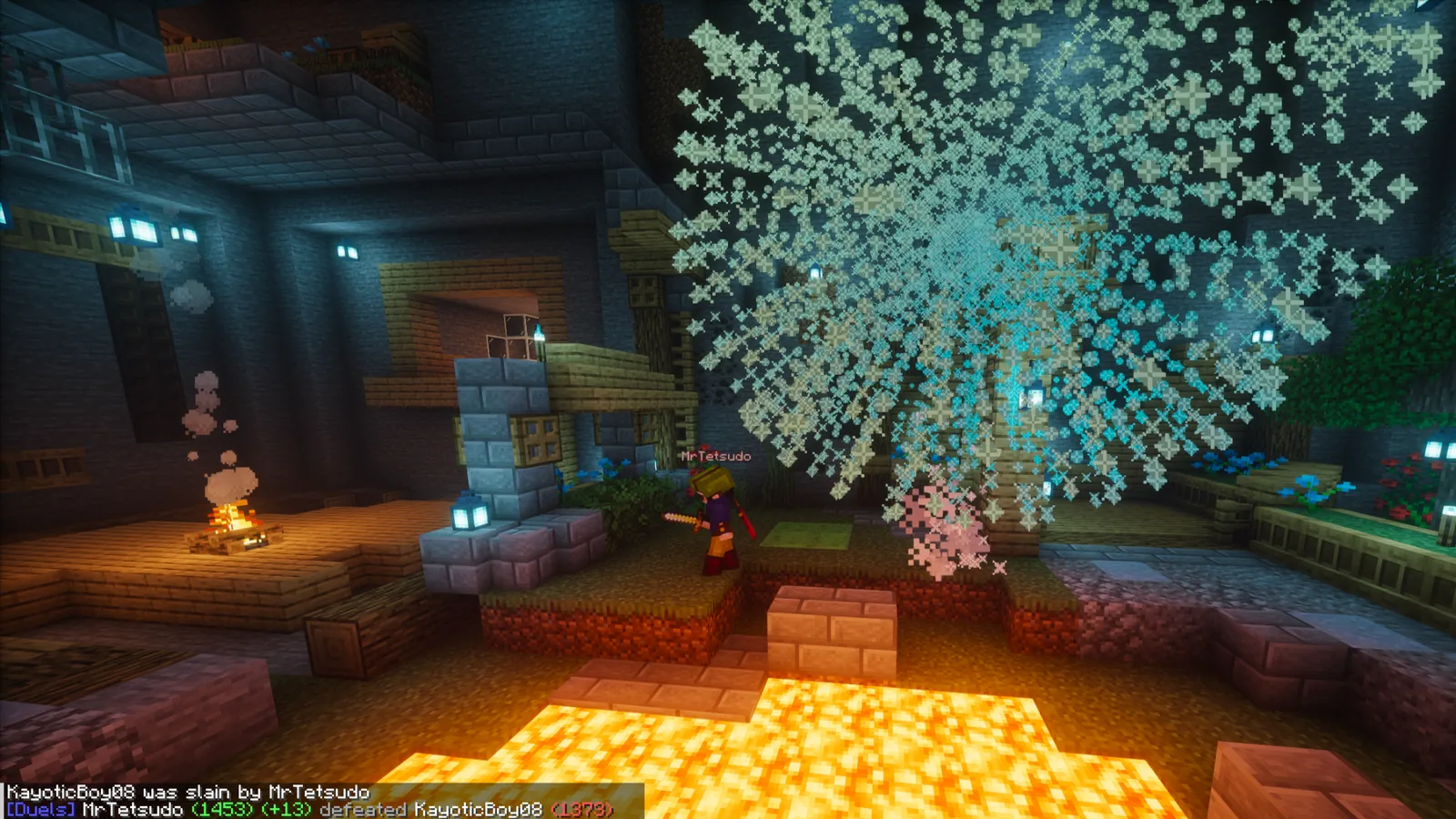 Players fighting with particle effects in an underground district on Manja SMP