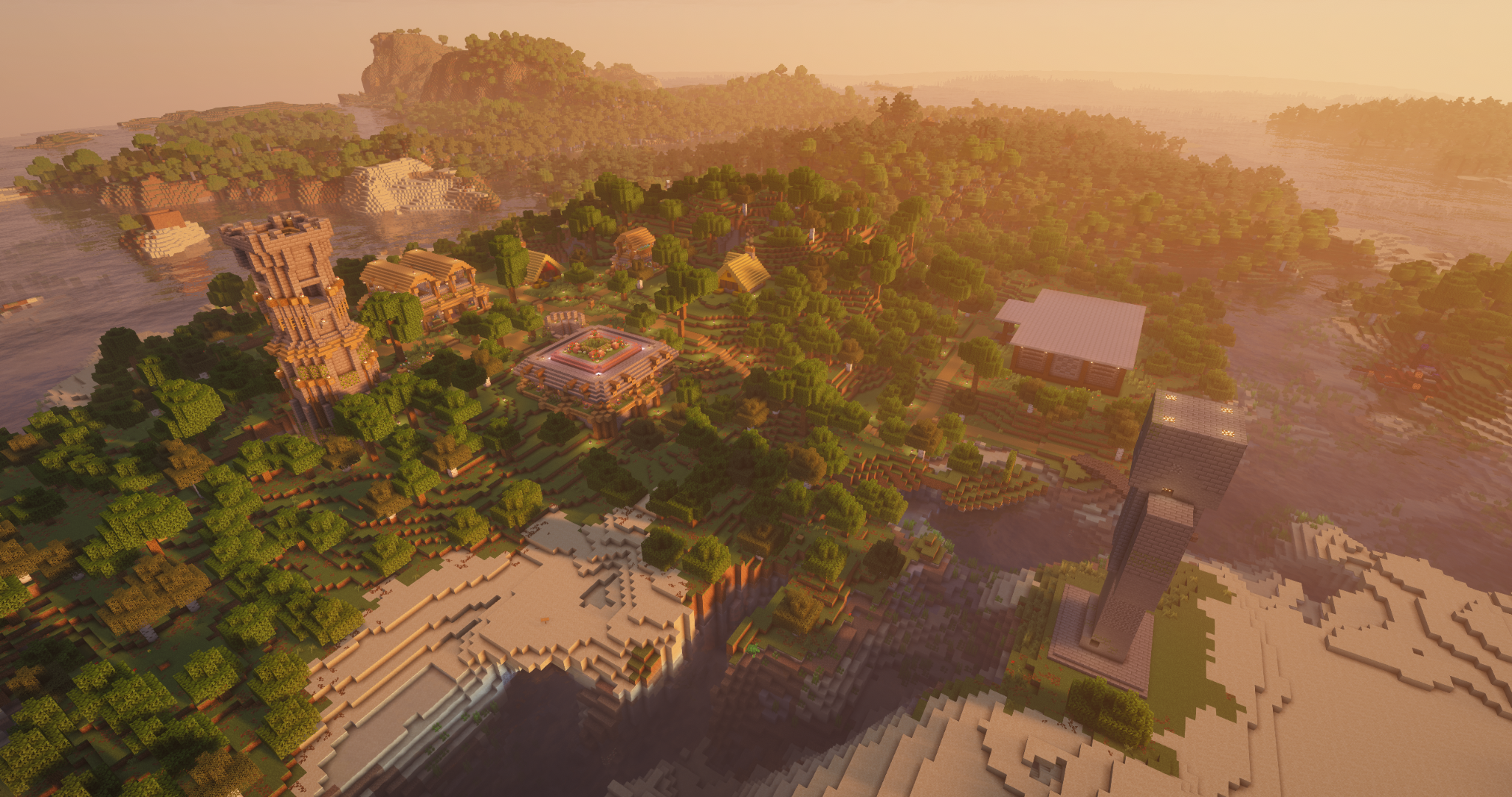 Aerial view of forests, coastline, and builds on Manja SMP